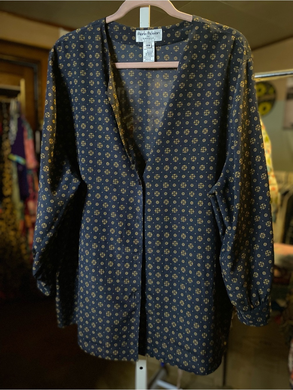 Vintage Rena Rowan Navy and Gold Floral V-Neck Blouse